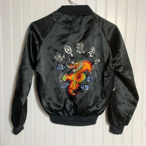 Vintage Korea Souvenir Embroidered Satin Bomber Jacket Military Style Size 13/14 - Picture 5 of 13